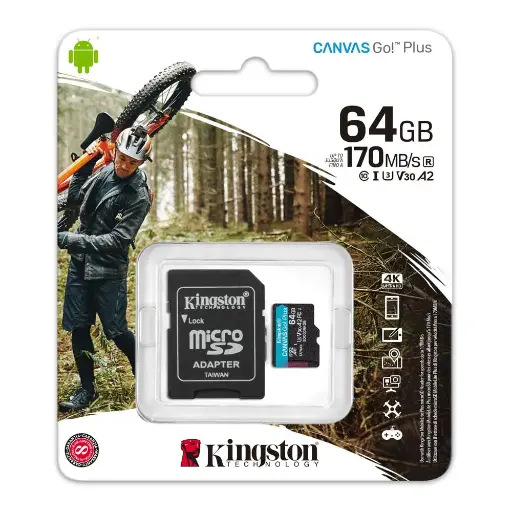 Tarjeta MicroSDXC Kingston Canvas Go Plus 64GB, A2, U3, V30, 170 MB/s, incluye adaptador